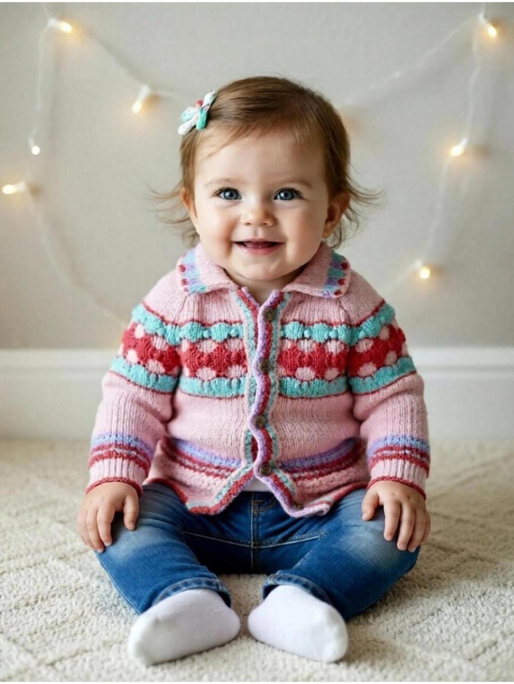 Girls Vintage Sweater Button Down Gems Cable Knit Sz 6 to 12 mo Kingsway 80s